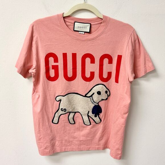 Gucci Logo Lamb Print Short Sleeve Round Neck Graphic T-Shirt Peach Women's S - Picture 2 of 5